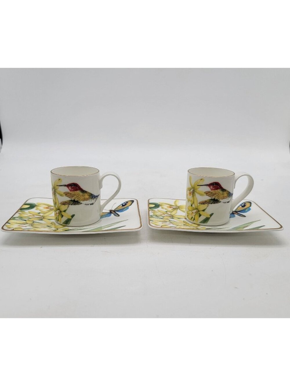 Pair Of Villeroy & Boch Amazonia Espresso Cups & Saucers Hummingbirds